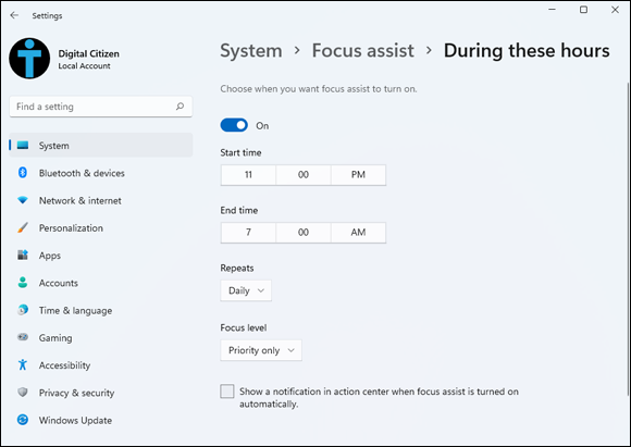Snapshot shows Choose when you want Focus Assist to turn on.