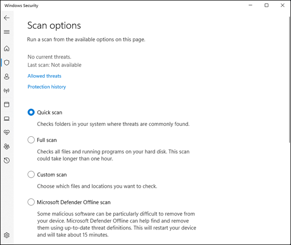 Snapshot of Scan settings for Windows Security.