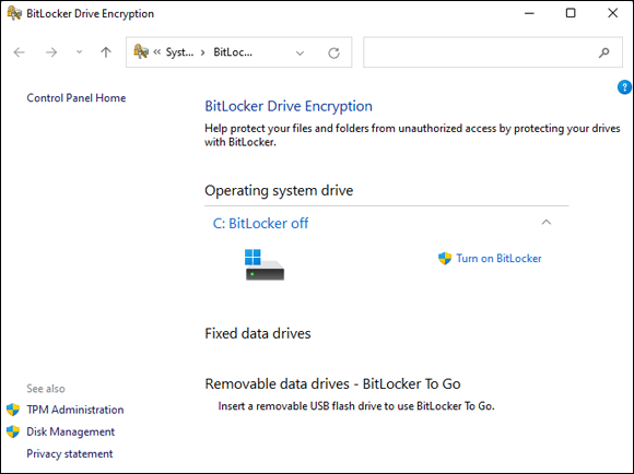 Snapshot shows Manage everything from the BitLocker Drive Encryption window.