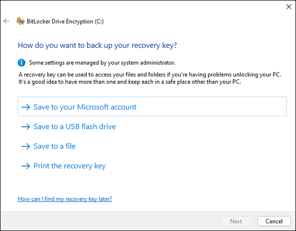 Snapshot shows Choose how you want to save the BitLocker recovery key.