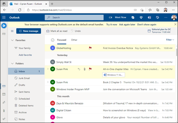 Snapshot of the Outlook.com inbox and all its options.