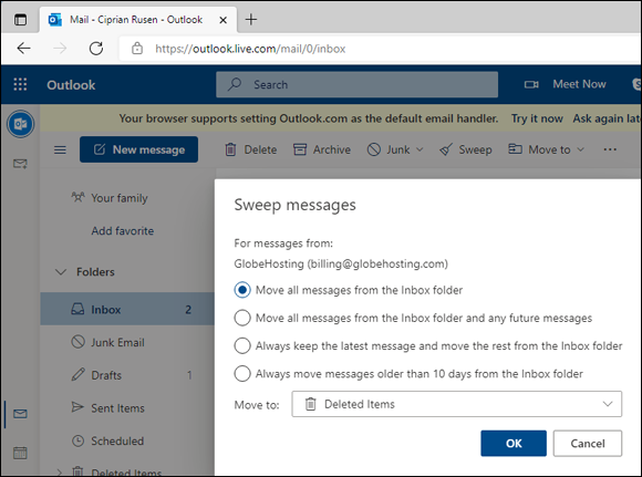 Snapshot of the Sweep options available in Outlook.com.