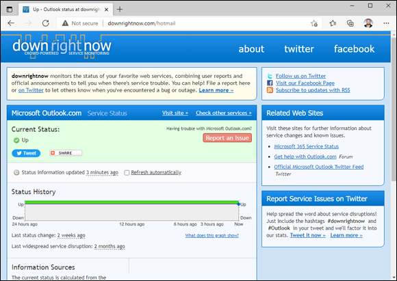 Snapshot of Compare the Microsoft party line with the crowdsourced Downrightnow.