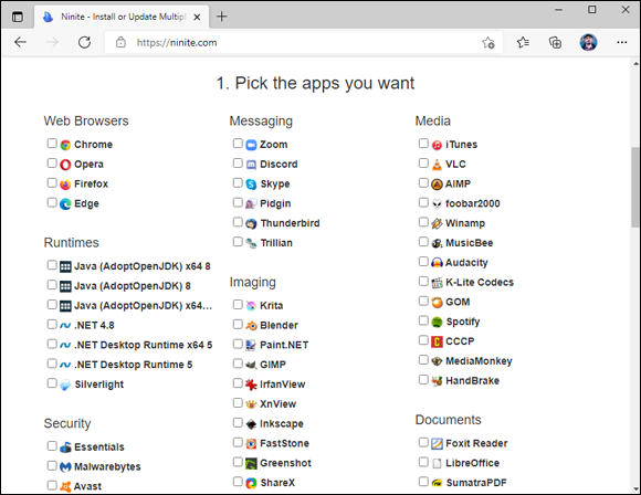 Snapshot of install or update popular desktop apps with Ninite.