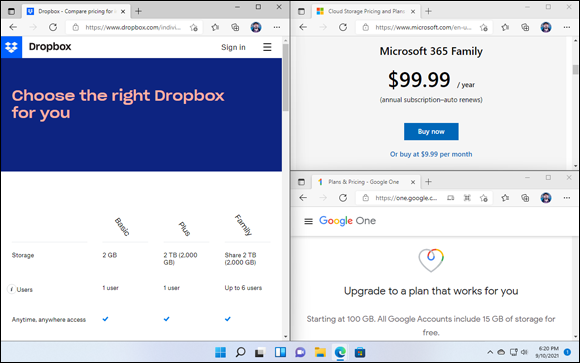 Snapshot of Check the plans available for Dropbox, OneDrive (Microsoft 365), and Google Drive