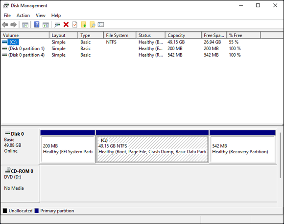 Snapshot of the Disk Management program enables you to manage your partitions with ease.