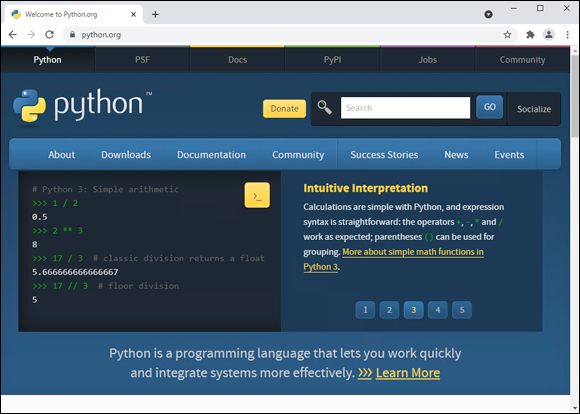 Snapshot of the python home page.