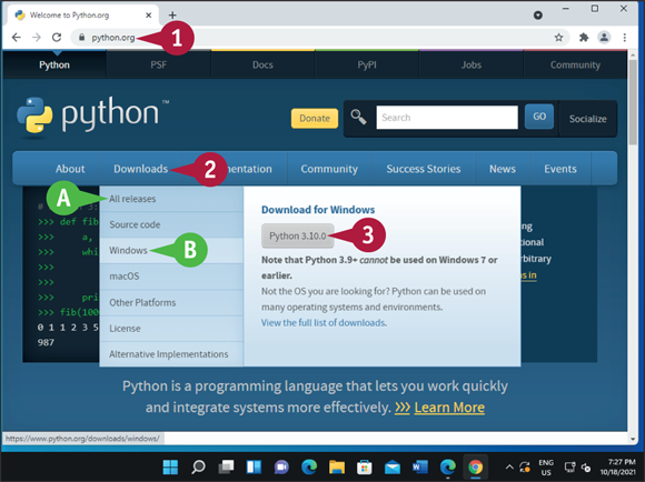 Snapshot of download python on windows.