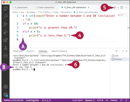 Snapshot of visual Studio Code automatically indents the next line following the elif line and its colon.