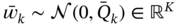 w overbar Subscript k Baseline tilde script í’© left-parenthesis 0 comma upper Q overbar Subscript k Baseline right-parenthesis element-of double-struck upper R Superscript upper K