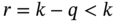 r equals k minus q less-than k