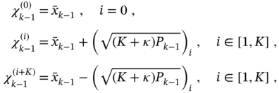 StartLayout 1st Row 1st Column chi Subscript k minus 1 Superscript left-parenthesis 0 right-parenthesis 2nd Column equals 3rd Column x overbar Subscript k minus 1 Baseline comma i equals 0 comma 2nd Row 1st Column chi Subscript k minus 1 Superscript left-parenthesis i right-parenthesis 2nd Column equals 3rd Column x overbar Subscript k minus 1 Baseline plus left-parenthesis StartRoot left-parenthesis upper K plus kappa right-parenthesis upper P Subscript k minus 1 Baseline EndRoot right-parenthesis Subscript i Baseline comma i element-of left-bracket 1 comma upper K right-bracket comma 3rd Row 1st Column chi Subscript k minus 1 Superscript left-parenthesis i plus upper K right-parenthesis 2nd Column equals 3rd Column x overbar Subscript k minus 1 Baseline minus left-parenthesis StartRoot left-parenthesis upper K plus kappa right-parenthesis upper P Subscript k minus 1 Baseline EndRoot right-parenthesis Subscript i Baseline comma i element-of left-bracket 1 comma upper K right-bracket comma EndLayout