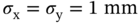 sigma Subscript normal x Baseline equals sigma Subscript normal y Baseline equals 1 mm