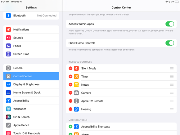 Snapshot of the control centre in settings menu in the ipad.