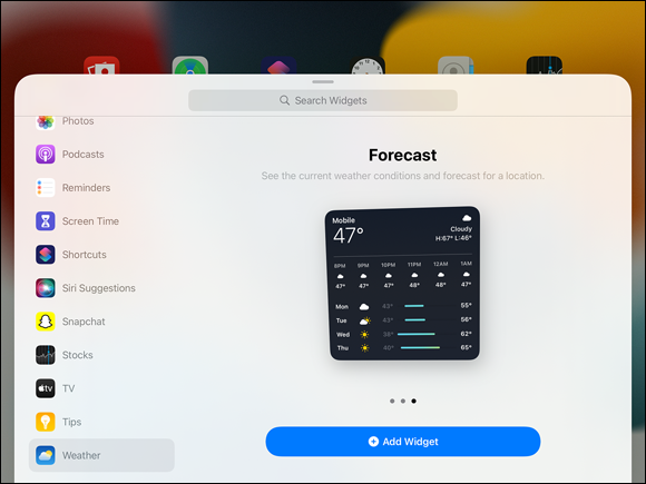 Snapshot of the weather forecast feature in the ipad.