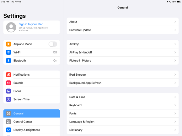 Snapshot of the general settings menu in the ipad.