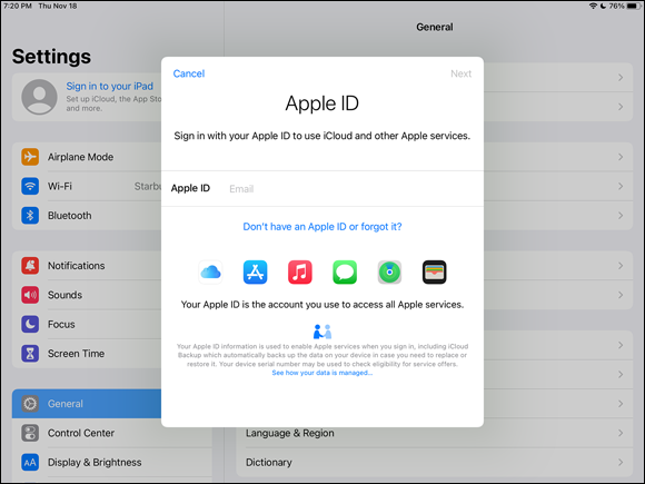Snapshot of the apple id sign in interface in the ipad.