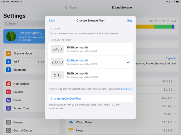 Snapshot of the icloud storage plans in the ipad.