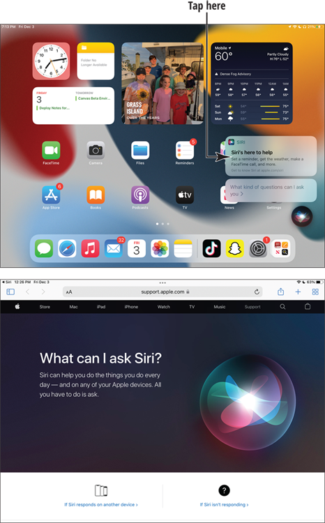 Snapshot of the siri interface on home screen of the ipad and apple.com website.