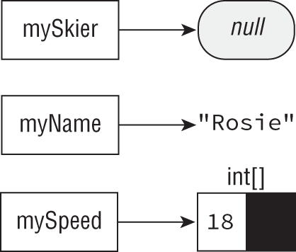 An illustration of the state of the mySkier, mySpeed, and myName variables.