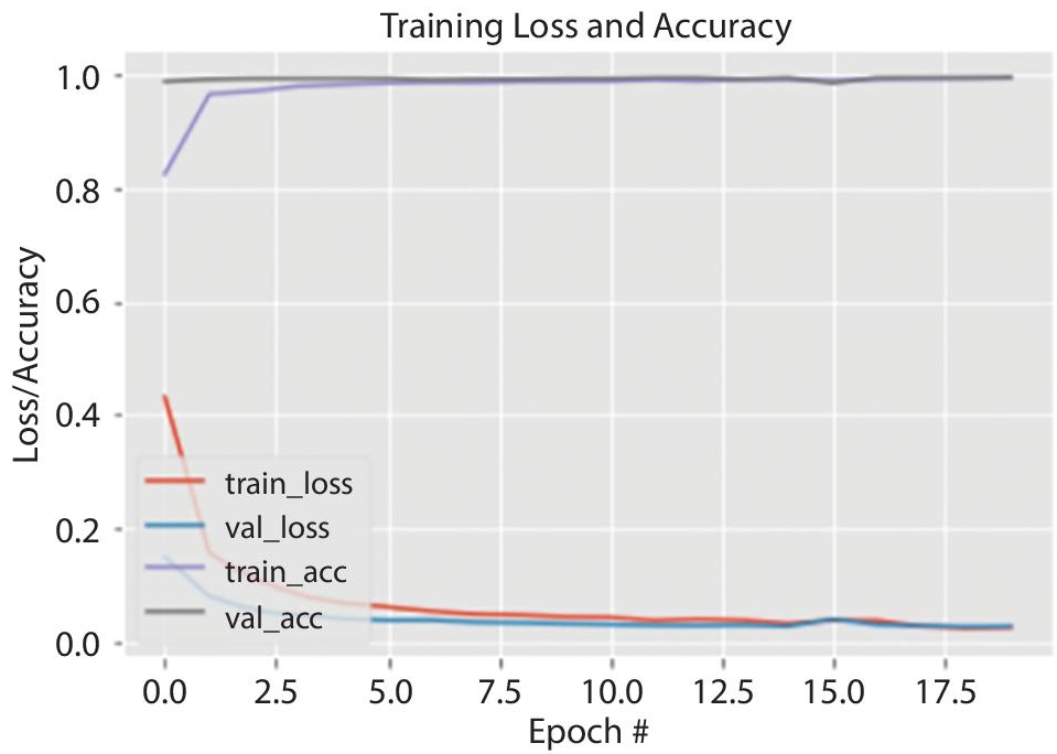 Graph depicts the training loss and accuracy on the COVID-19 dataset.