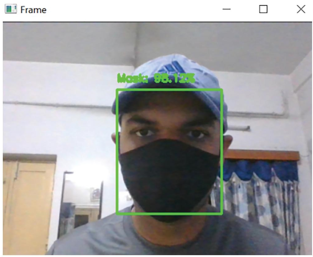 Photograph of in real time, with cap, face detected with the mask with 99 percentage accuracy.