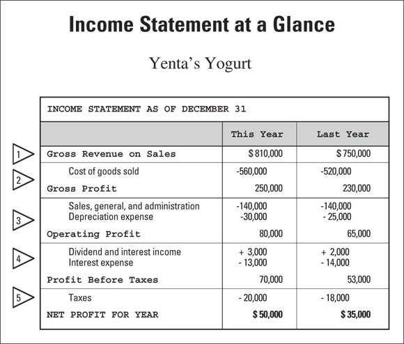 Schematic illustration of an income statement subtracts the costs of your various business activities from your gross revenue to arrive at the company profit.