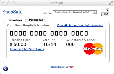 Snapshot of a one-time credit card number generator.