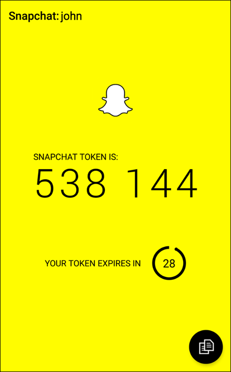 Snapshot of One-time password for Snapchat generated by the app Authy.