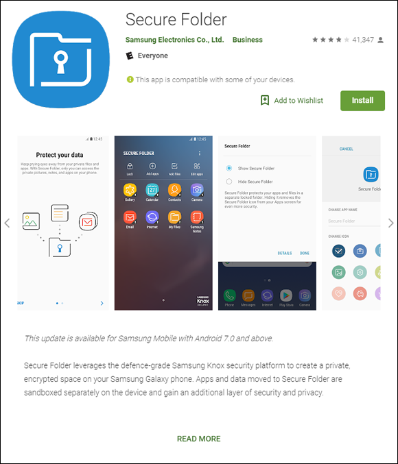 Snapshot shows Secure Folder, the secure area app provided by Samsung for its Android series of phones.