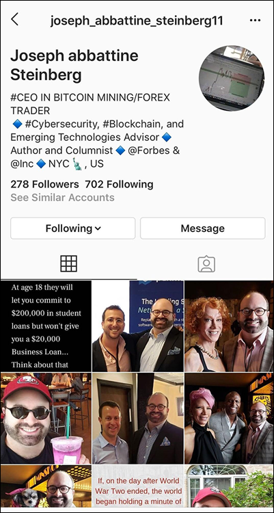 Snapshot shows an example of an Instagram account impersonating me, using my name, bio, and primarily photos lifted from my real Instagram account.