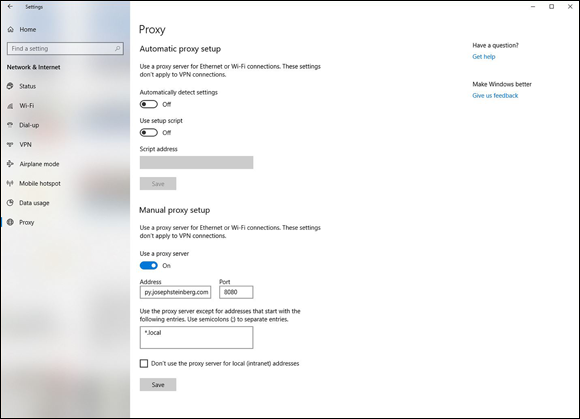 Snapshot shows Internet connections configured to use a proxy.