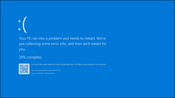 Snapshot shows the modern version of the notorious Blue Screen of Death that appears after a severe crash of a computer running Microsoft Windows 10.