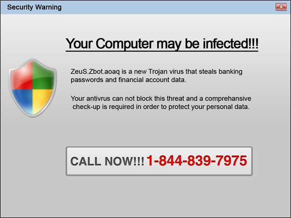 Snapshot shows the pop-up window from adware malware attempts to scare people into purchasing bogus security software.