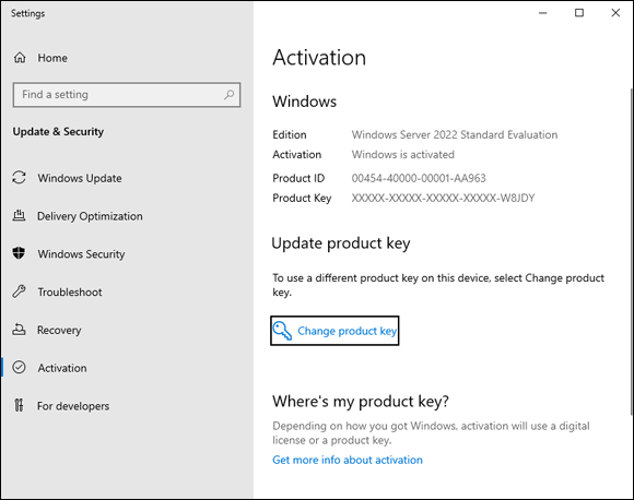 Snapshot of the Activation screen showing that Windows Server 2022 is activated.