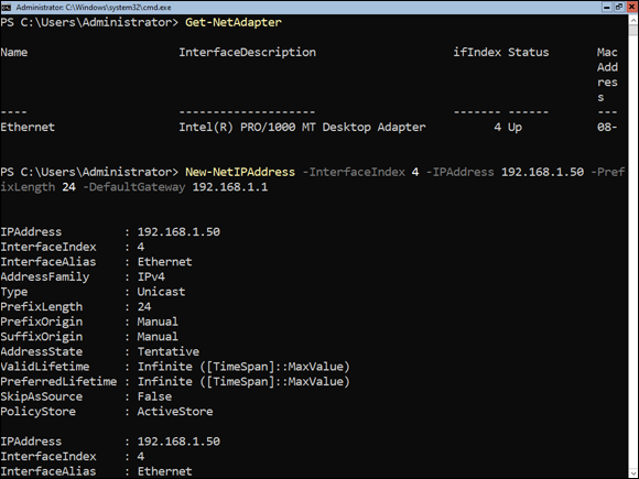 Snapshot of setting the IP address with PowerShell.