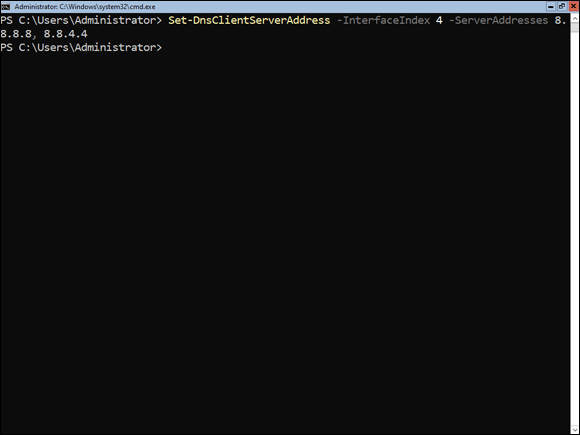Snapshot of setting the DNS servers with PowerShell.