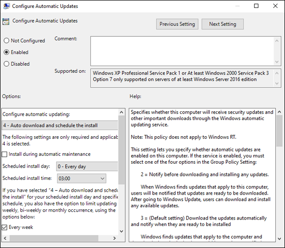 Snapshot of using the Local Group Policy Editor to change the automatic updates setting in Windows Server 2022.