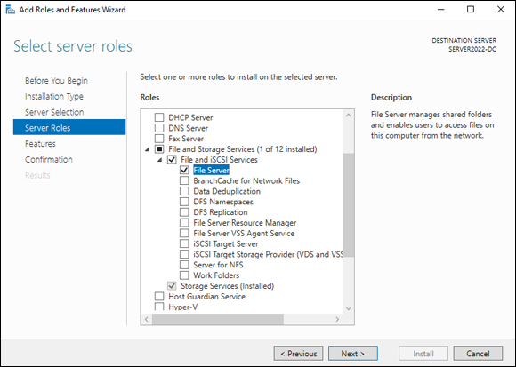 Snapshot of the select Server Roles Screen with File Server selected.