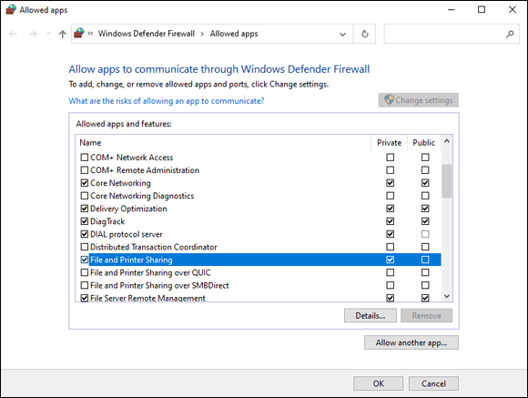 Snapshot of allowing an app through Microsoft Defender Firewall.