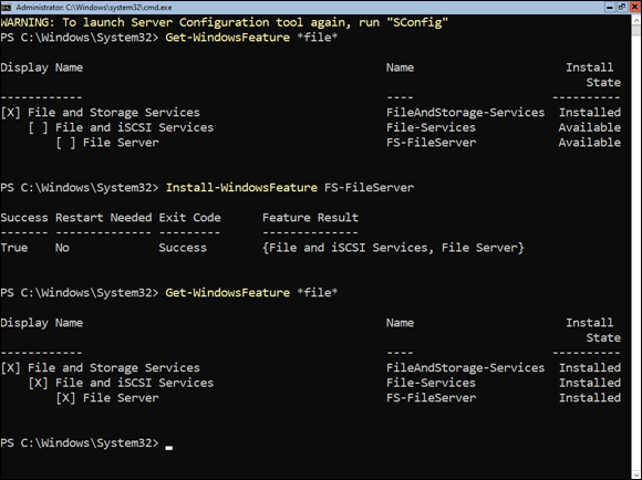 Snapshot of using PowerShell to install roles and features.