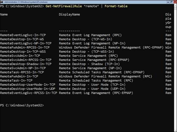 Snapshot of using Get-NetFirewallRule to find rules.