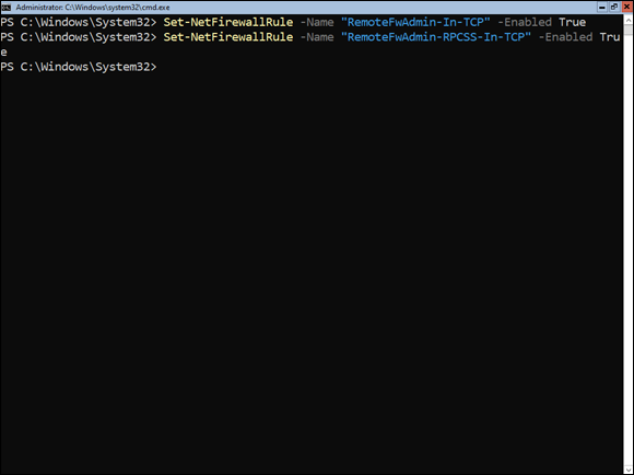 Snapshot of using PowerShell to set firewall rules and validate that they�re enabled.