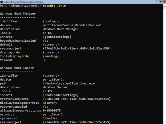 Snapshot of using bcdedit /enum to see the current settings of the boot configuration datastore.