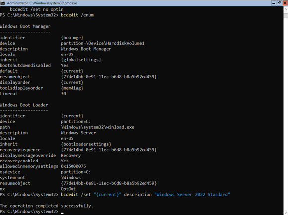Snapshot of using bcdedit /set to alter the description of the Windows Boot Loader entry.