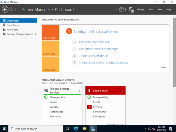 Snapshot of the Server Manager Dashboard with the Quick Start tile at the top.