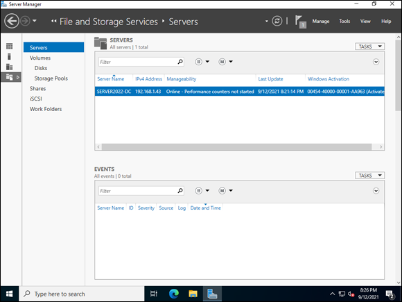 Snapshot of the File and Storage Services management window.