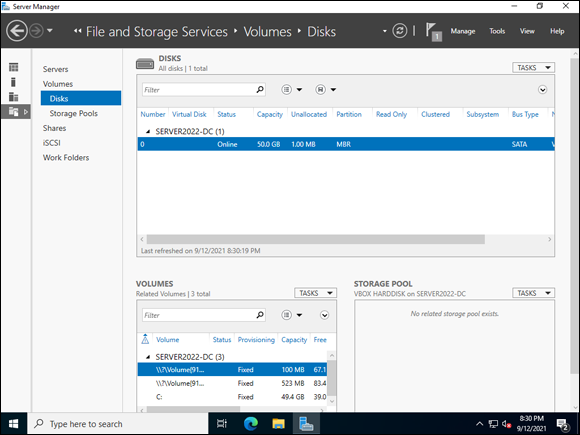 Snapshot of Working with disks in the File and Storage Services area of Server Manager.