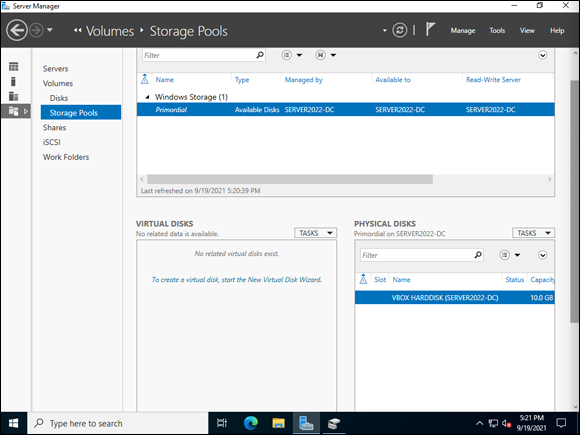 Snapshot of the Storage Pools screen showing available physical disks.