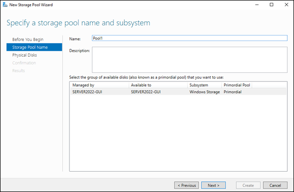 Snapshot of Choose a name for the storage pool and choose the primordial pool to select physical disks from.